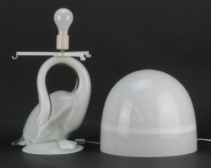 Murano Glass White Swan Lamp with Shade, Possibly Seguso