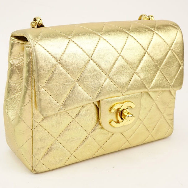 Chanel Gold Lame Quilted Mini Evening Bag On Gold Chain