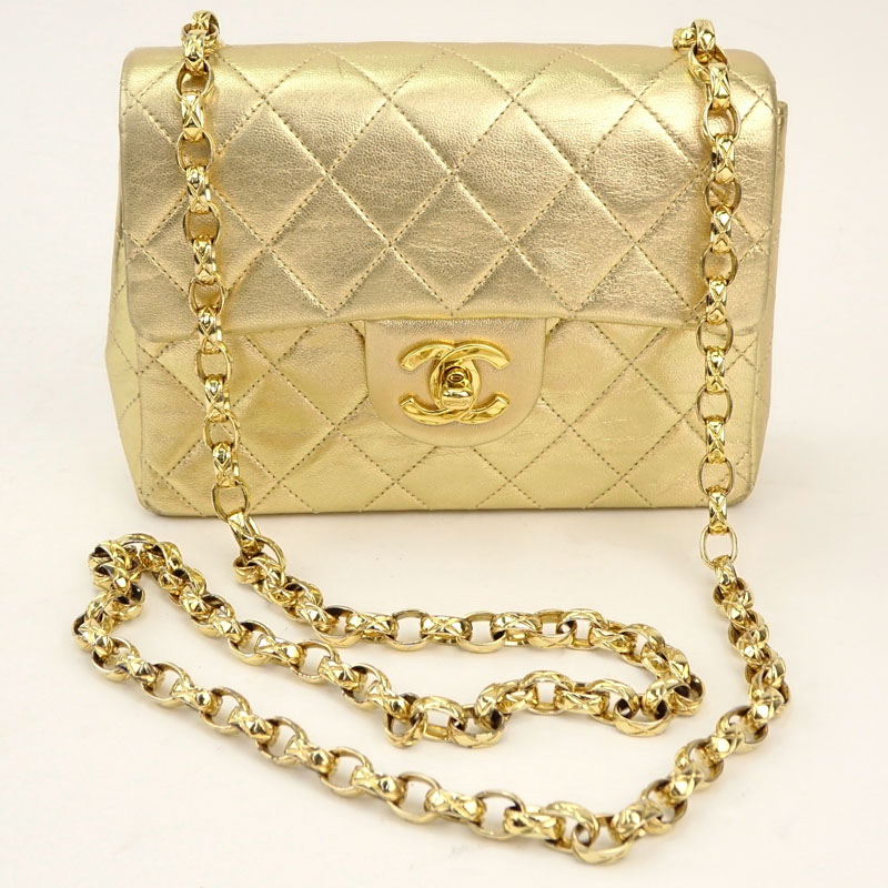 Chanel Gold Lame Quilted Mini Evening Bag On Gold Chain