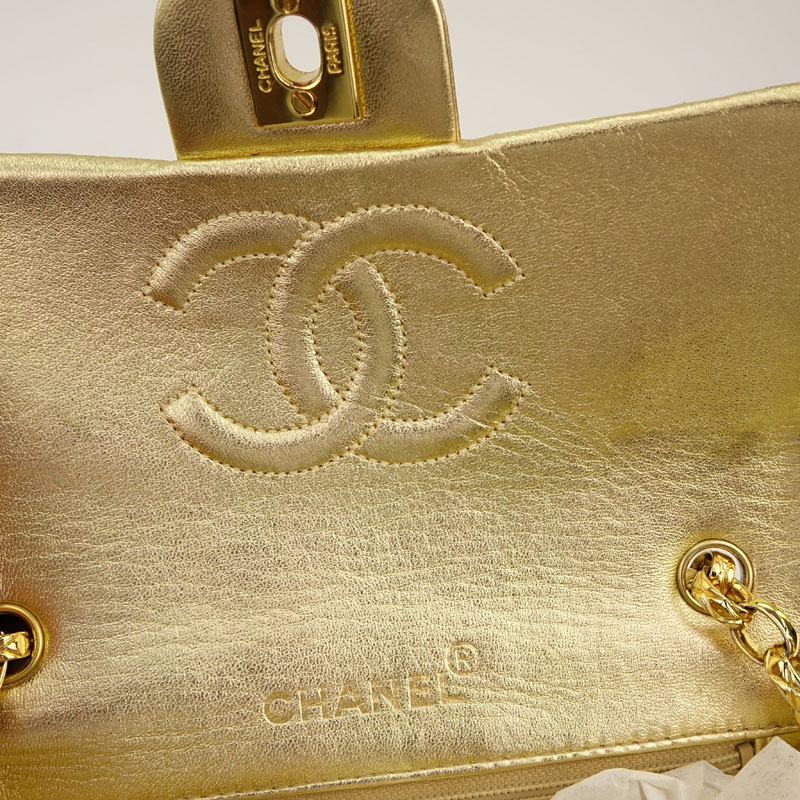 Chanel Gold Lame Quilted Mini Evening Bag On Gold Chain