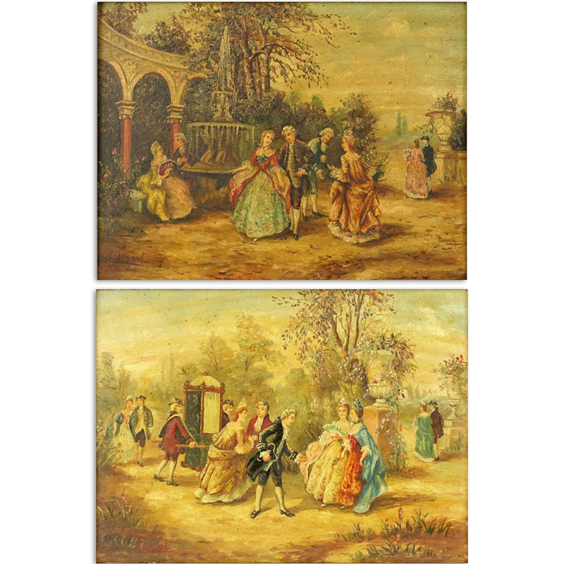 Pair of After: Antoinette Haudebourt-Lescot, French (1784-1845) 18th Century Style Oil on Panels Signed Lower Left