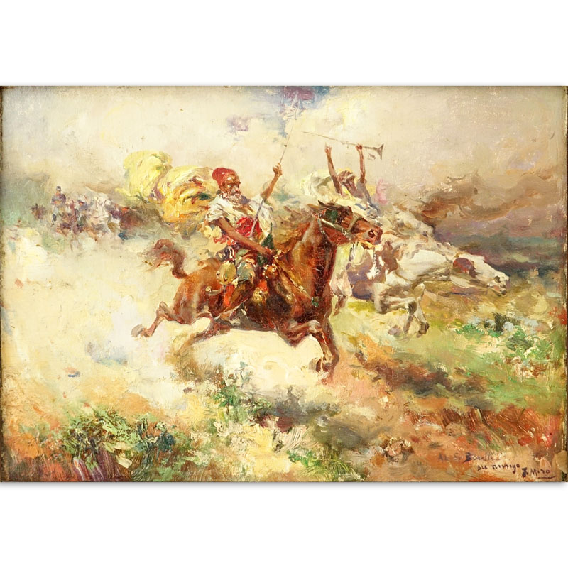 In the Style of Adolf Schreyer, German (1828-1899) "Arab Warriors" Oil on Board Signed Lower