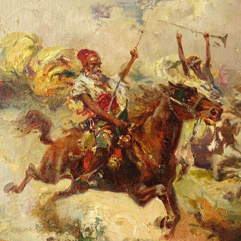 In the Style of Adolf Schreyer, German (1828-1899) "Arab Warriors" Oil on Board Signed Lower