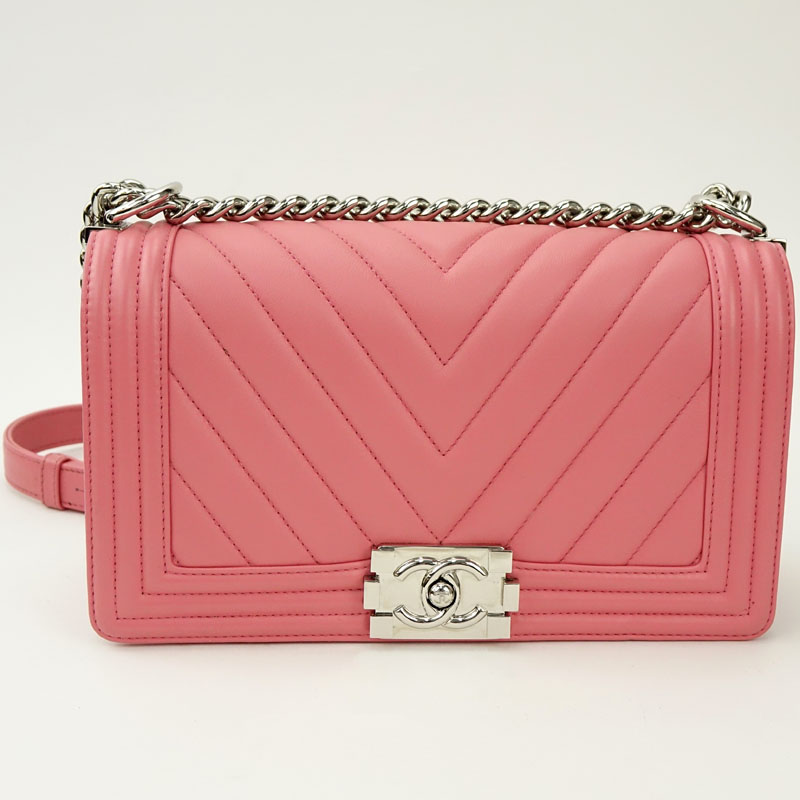 Chanel Pink Calfskin Chevron Quilted Boy Flap Shoulder Bag