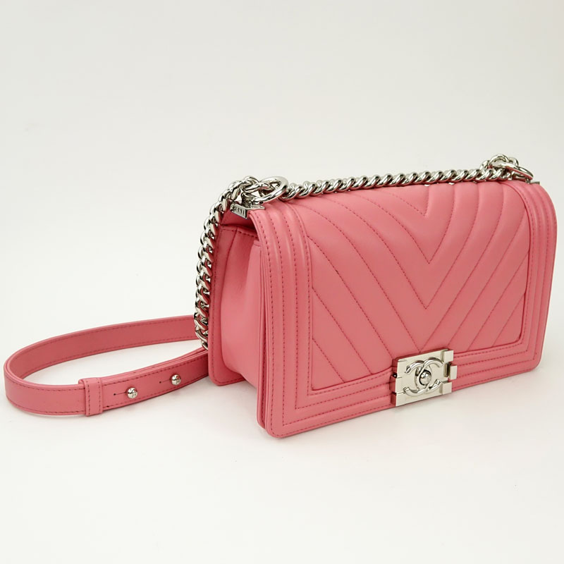 Chanel Pink Calfskin Chevron Quilted Boy Flap Shoulder Bag