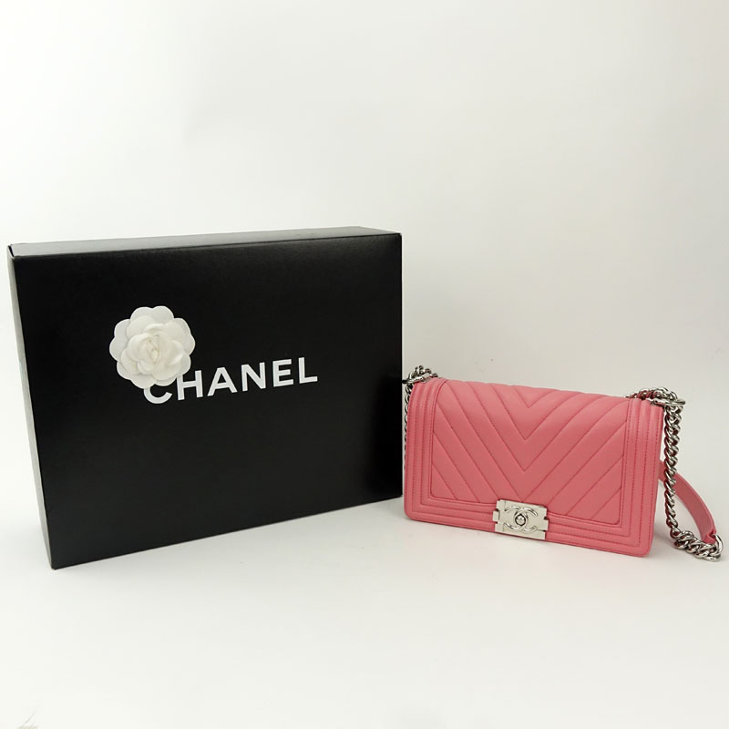 Chanel Pink Calfskin Chevron Quilted Boy Flap Shoulder Bag