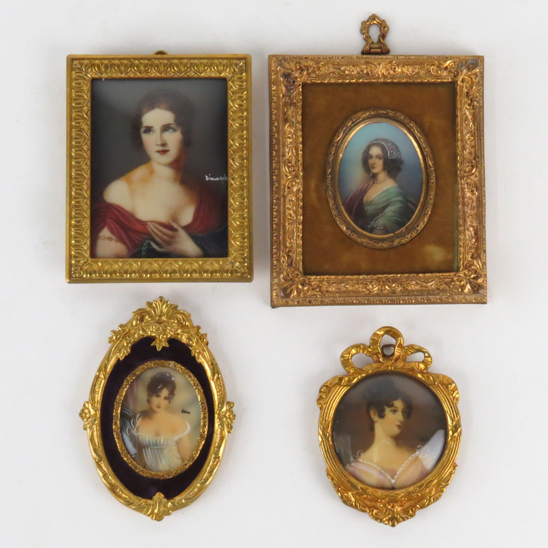 Grouping of Four (4) Antique or Vintage Italian Victorian Miniature Paintings on Celluloid