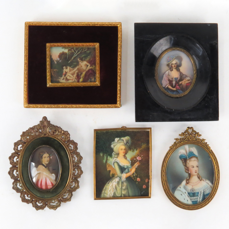 Grouping of Five (5) Antique or Vintage Italian Victorian Miniature Paintings on Celluloid