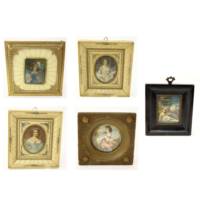 Grouping of Five (5) Antique  Victorian Hand Painted Miniature Portraits on Celluloid