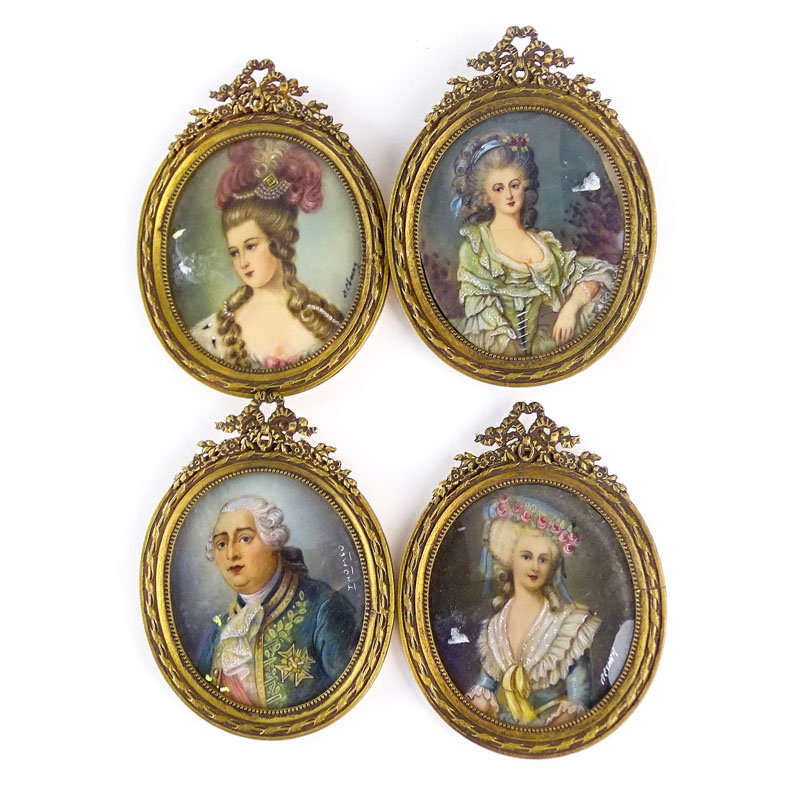 Grouping of Four (4) Antique  French Hand Painted Miniature Portraits on Celluloid