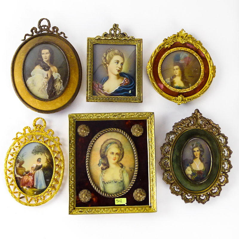 Grouping of Seven (7) Antique or Vintage Hand Painted Continental Miniature Portraits on Celluloid