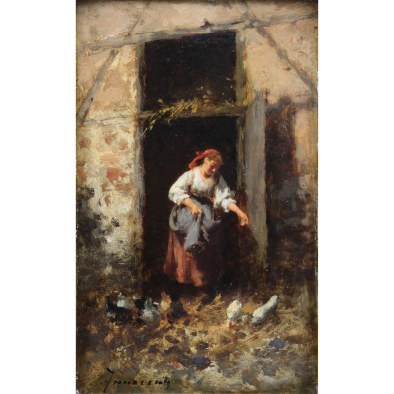 Camillo Innocenti, Italian (1871-1961) Oil on board "Feeding The Chickens" Signed lower left