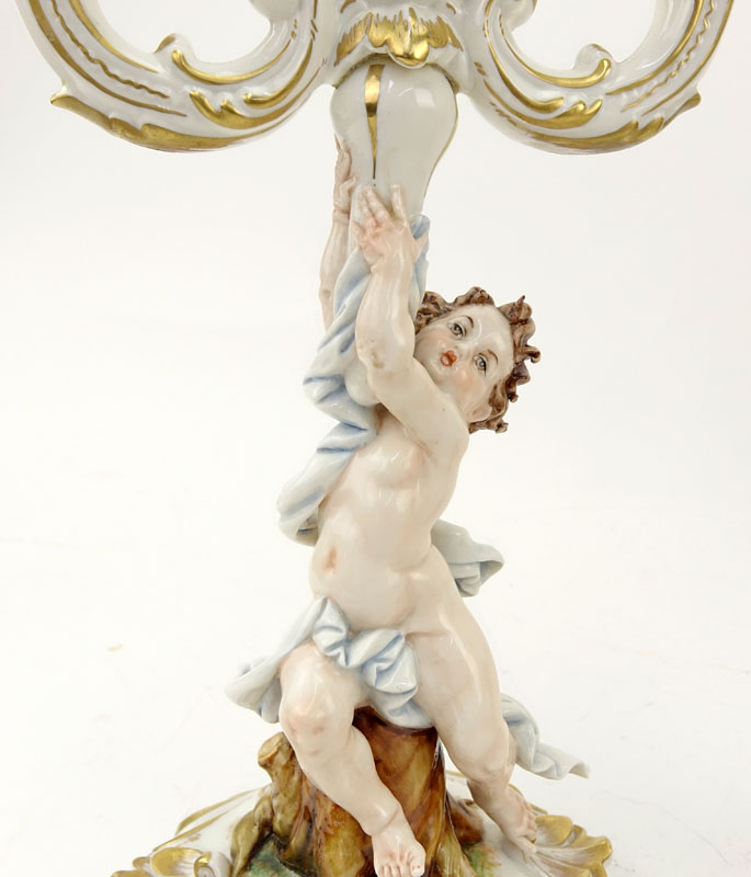 Pair of Capodimonte Putti Figural Porcelain Candlesticks