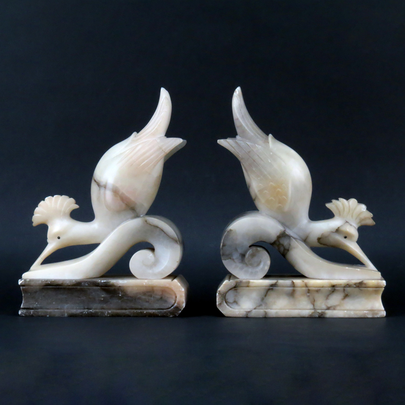 Pair of Italian Art Deco Style Carved Alabaster Bird Bookends