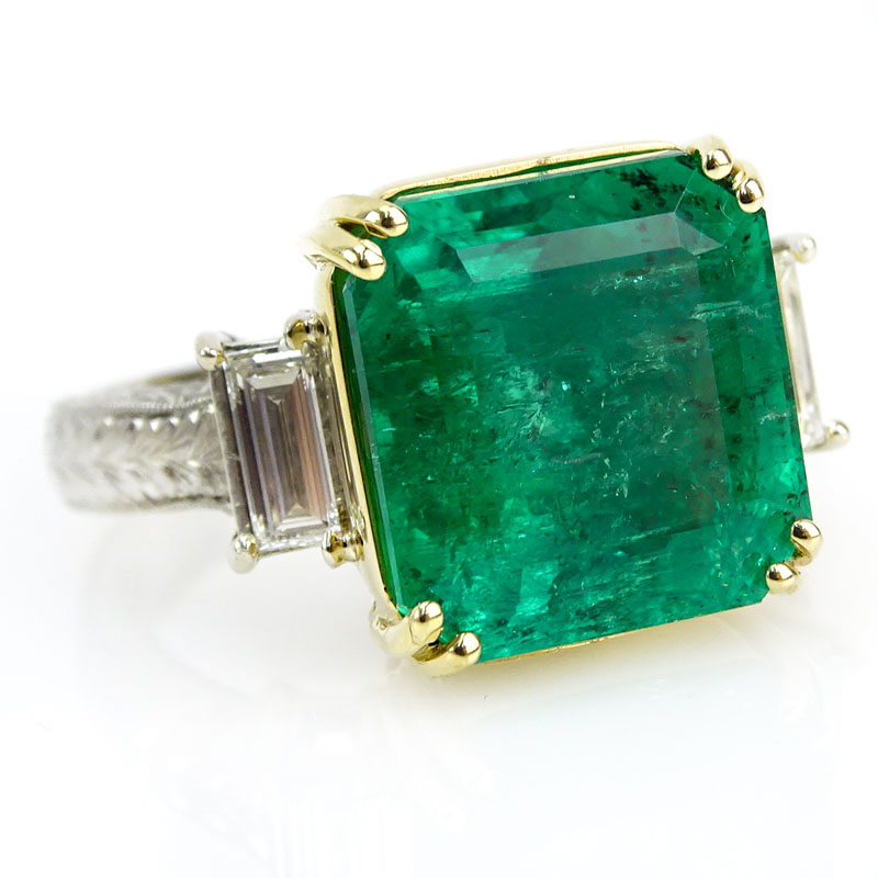 12.2 Carat Colombian Emerald and 18 Karat White and Yellow Gold Ring