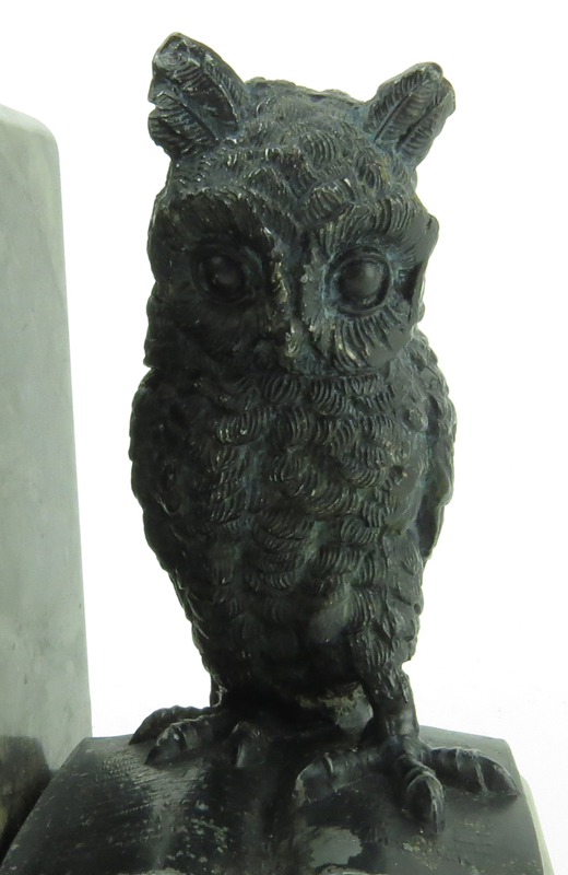 Pair of Italian White Metal and Marble Owl Bookends