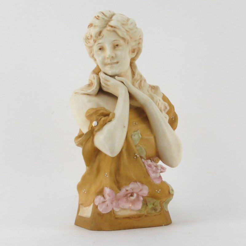 Antique Royal Dux Art Nouveau Polychrome Satin Glaze porcelain Bust Modeled as Young Woman