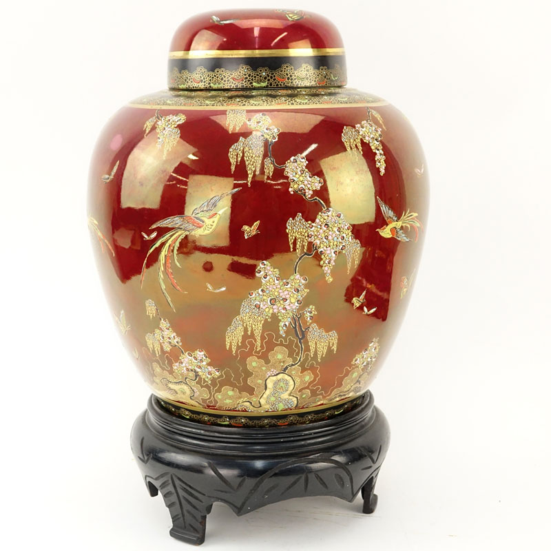 Carlton Ware Oriental Style Rouge Royale Luster Ginger Jar on Wooden Stand