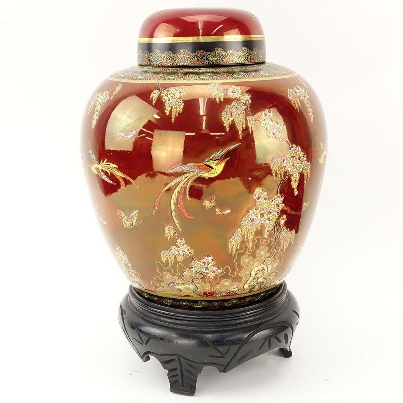 Carlton Ware Oriental Style Rouge Royale Luster Ginger Jar on Wooden Stand