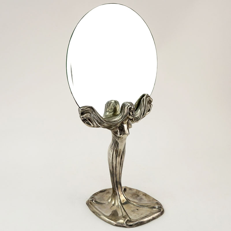 Antique French Art Nouveau Silver Plate Table Mirror