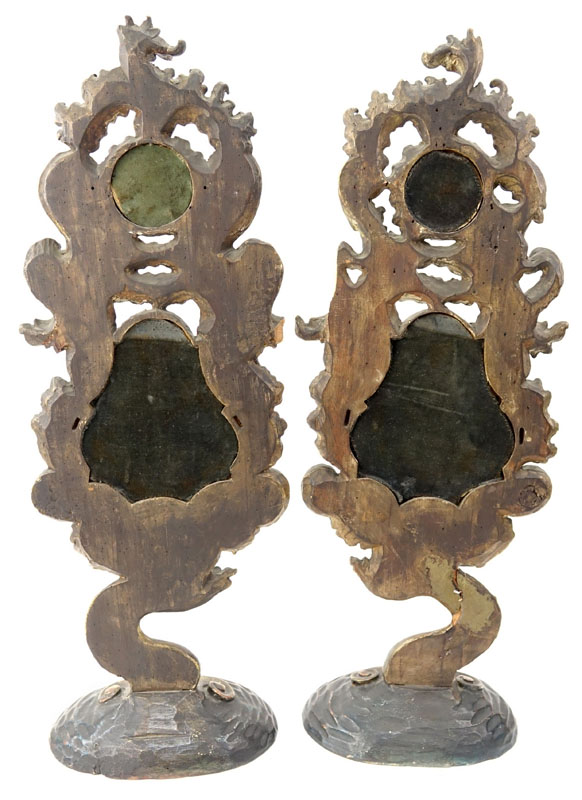 Pair of Italian Rococo Style Polychrome Carved Wood Standing Mirrors