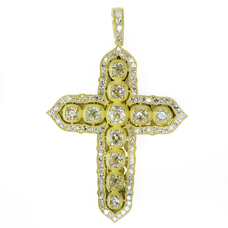 11.81 Carat Cushion Cut and Round Brilliant Cut Diamond and 18 Karat Yellow Gold Cross Pendant.