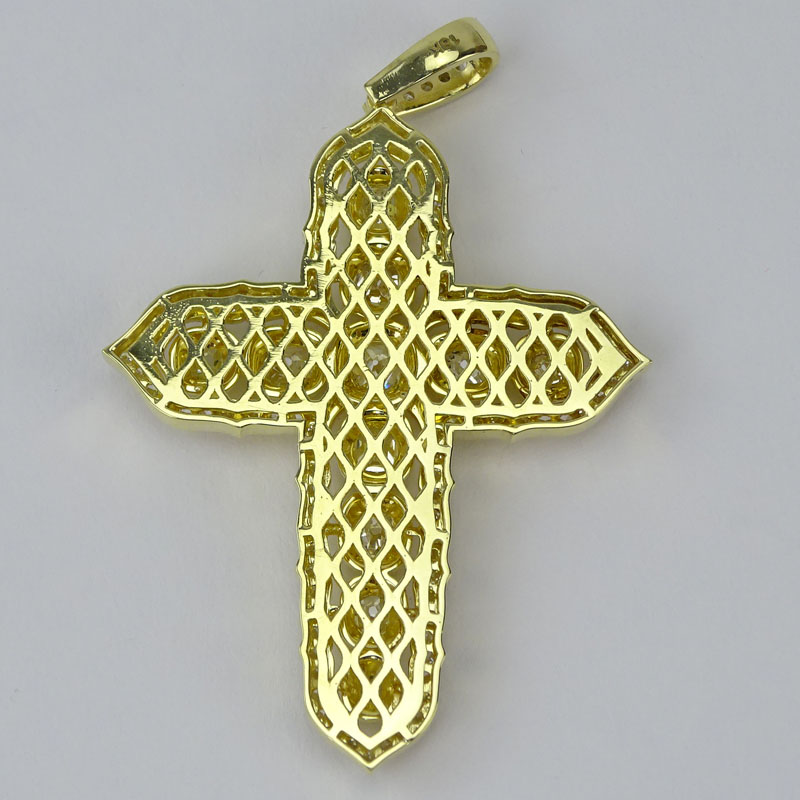 11.81 Carat Cushion Cut and Round Brilliant Cut Diamond and 18 Karat Yellow Gold Cross Pendant.