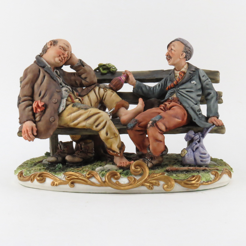 Vintage Capodimonte Porcelain Group, Two Tramps on Bench