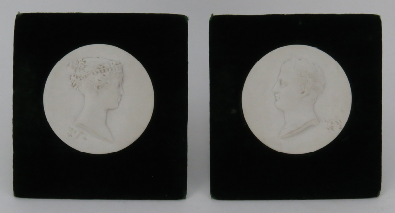 Pair of Neoclassical "Napoleon and Josephine"  Parian Medallion Affixed on Velvet