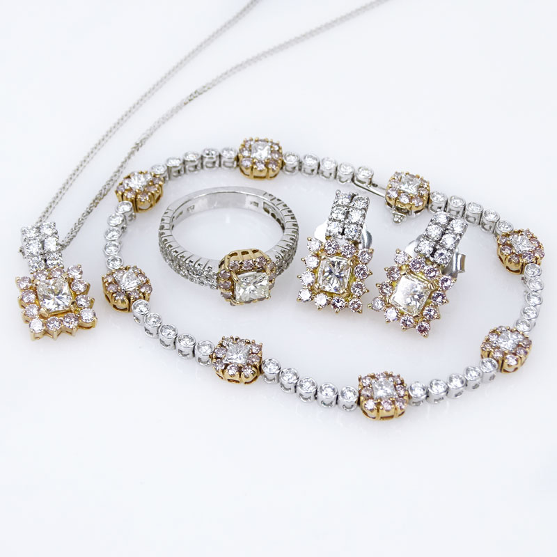 Five (5) Piece Mayor's Approx. 10.37 Carat Diamond, Platinum and 18 K Gold Bracelet, Pendant Necklace Ring and Earring Suite, 