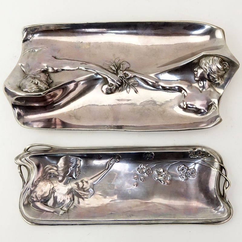 Two (2) Antique Wurttembergische Metallwarenfabrik (WMF) Silver Plate Art Nouveau Figural Trays