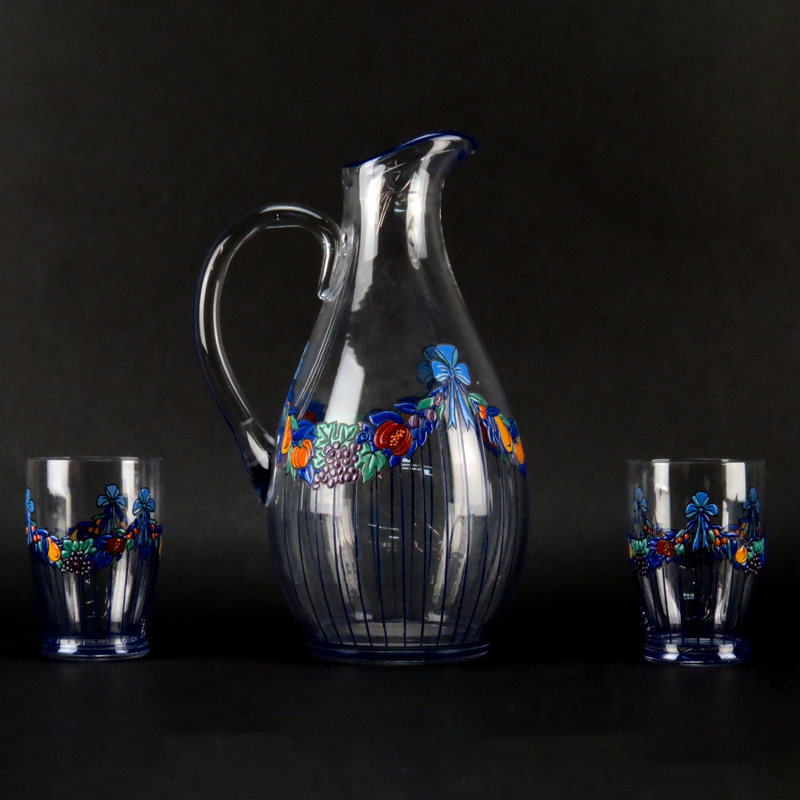 Georges Chevalier, French (1894-1987) for Baccarat Set of Three (3) Crystal Enamel Painted Pitcher and Cups