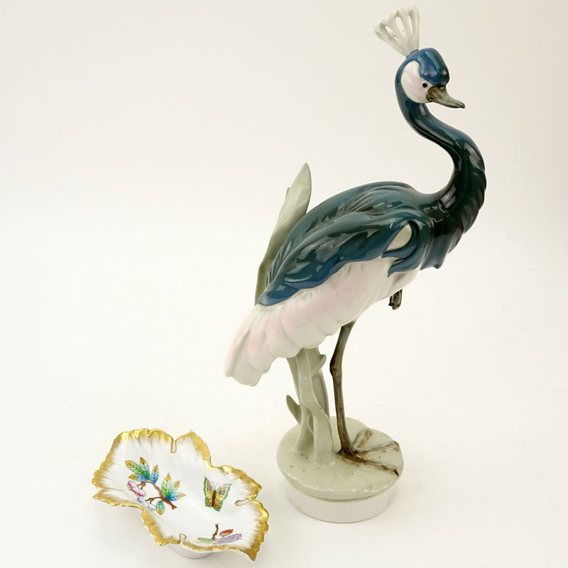Vintage Royal Dux Grey Crowned Crane Figure together with Small Herend Porcelain Dish