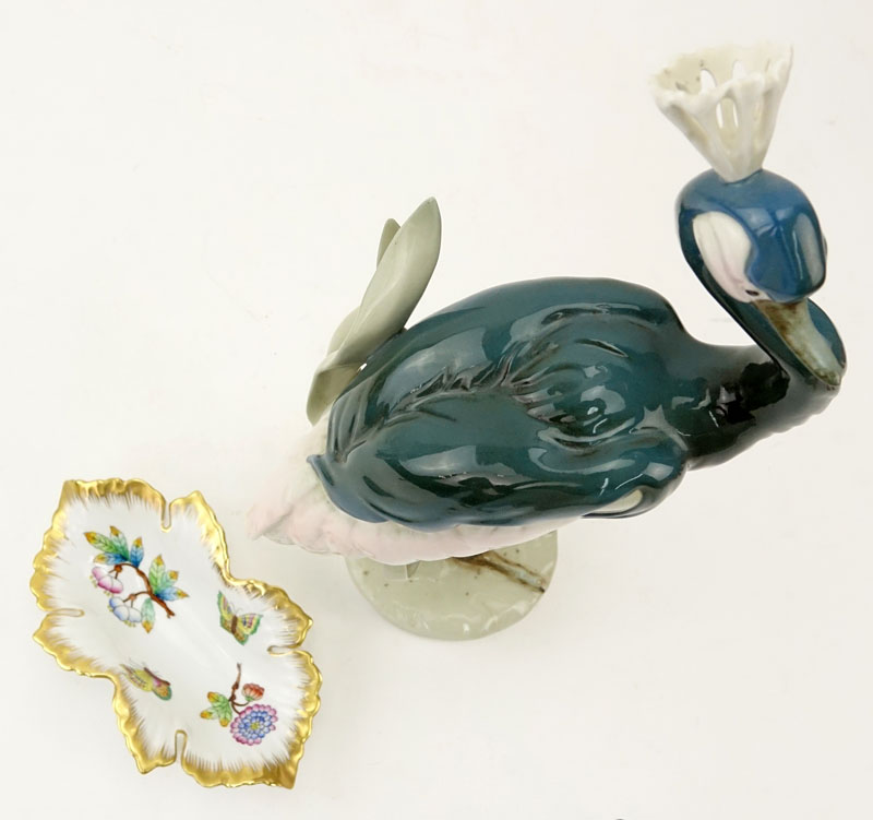 Vintage Royal Dux Grey Crowned Crane Figure together with Small Herend Porcelain Dish