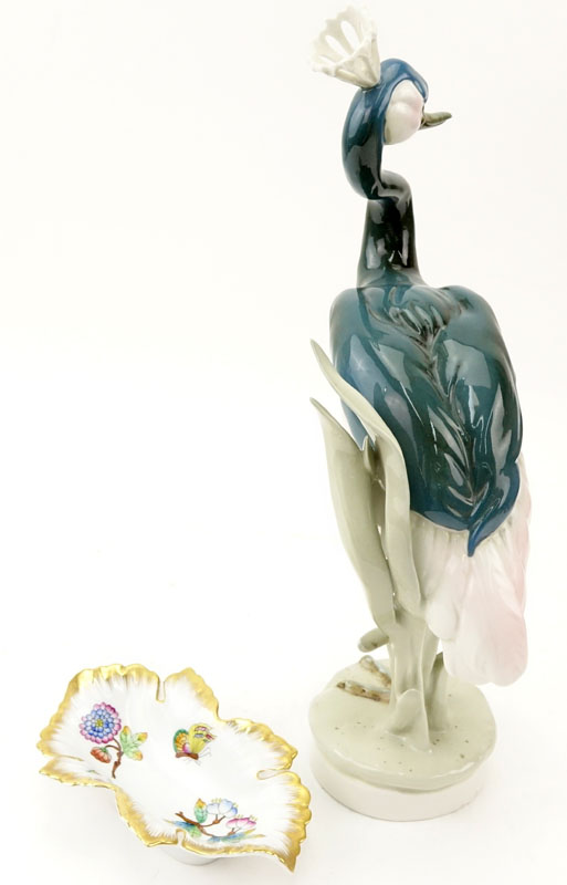 Vintage Royal Dux Grey Crowned Crane Figure together with Small Herend Porcelain Dish