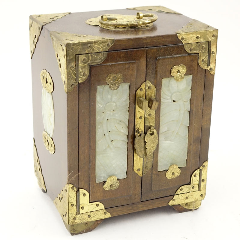 Vintage Chinese Brass Mounted Music/Jewelry Box with Carved Pale Celadon Jade Panels and Fitted Interior