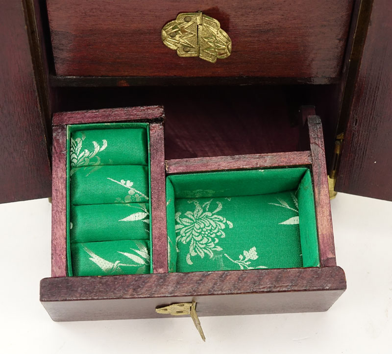 Vintage Chinese Brass Mounted Music/Jewelry Box with Carved Pale Celadon Jade Panels and Fitted Interior