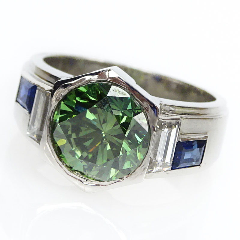 3.78 Carat Old European Cut Green Diamond and Platinum Ring with Sapphire Accents.