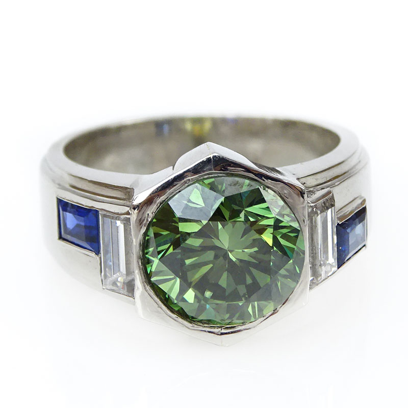 3.78 Carat Old European Cut Green Diamond and Platinum Ring with Sapphire Accents.