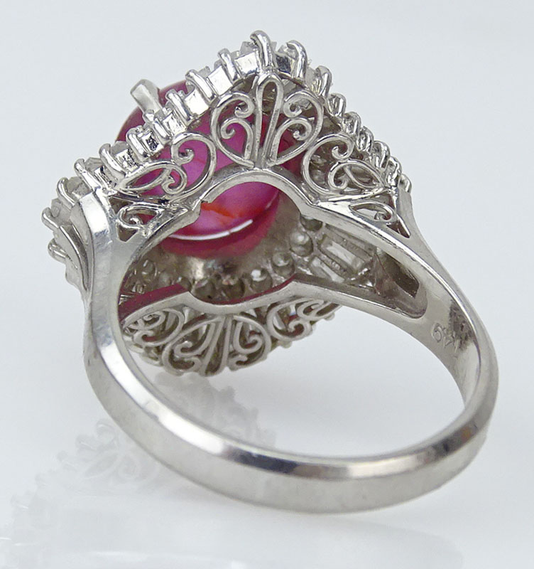 4.14 Carat Cabochon Star Ruby, 1.49 Carat Baguette and Round Brilliant Cut Diamond and Platinum Ballerina Ring. 