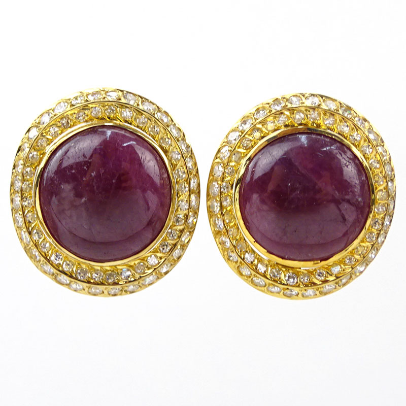 30.0 Carat Cabochon Ruby, 5.0 Carat Round Brilliant Cut Diamond and 18 Karat Yellow Gold Clip  Earrings. 