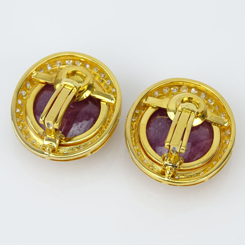 30.0 Carat Cabochon Ruby, 5.0 Carat Round Brilliant Cut Diamond and 18 Karat Yellow Gold Clip  Earrings. 