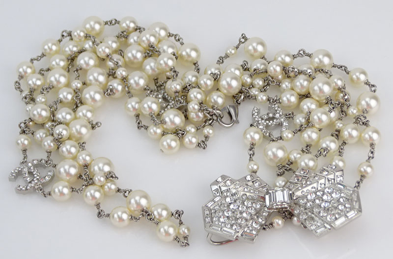 Chanel Faux Pearl, Crystal Bow, CC Three Strand Necklace