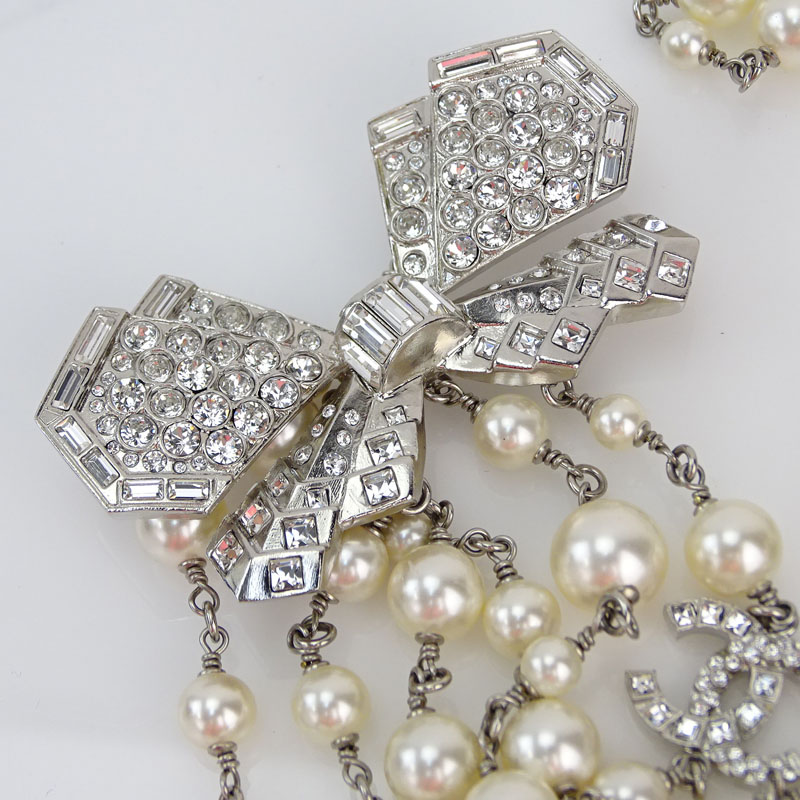 Chanel Faux Pearl, Crystal Bow, CC Three Strand Necklace