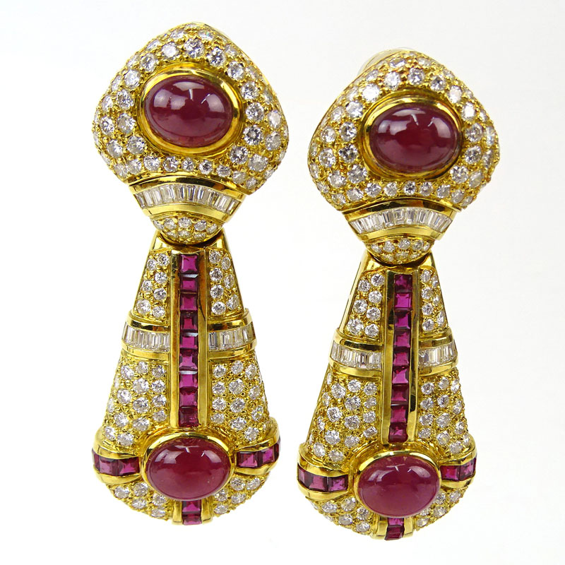 Very Fine Quality Burma Ruby, Diamond and 18 Karat Yellow Gold Pendant Earrings
