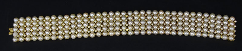 Exceptional Custom Pearl, Diamond and 18 Karat Yellow Gold Choker Necklace