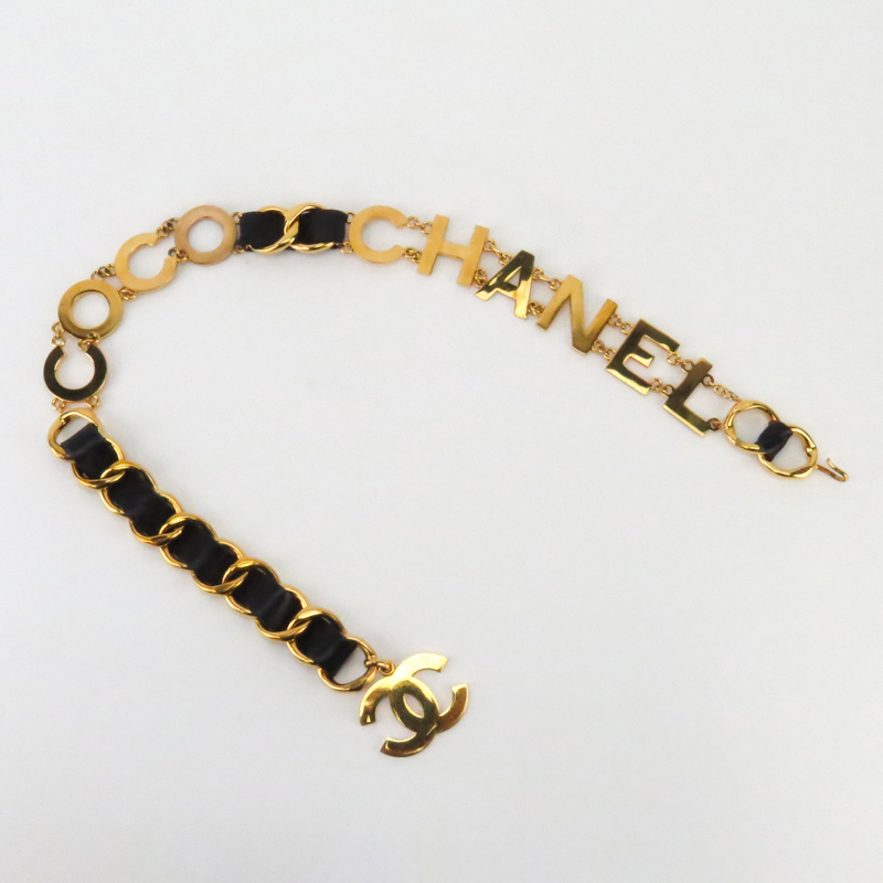 Chanel Black Leather Coco Chanel/CC Gold Chain Belt