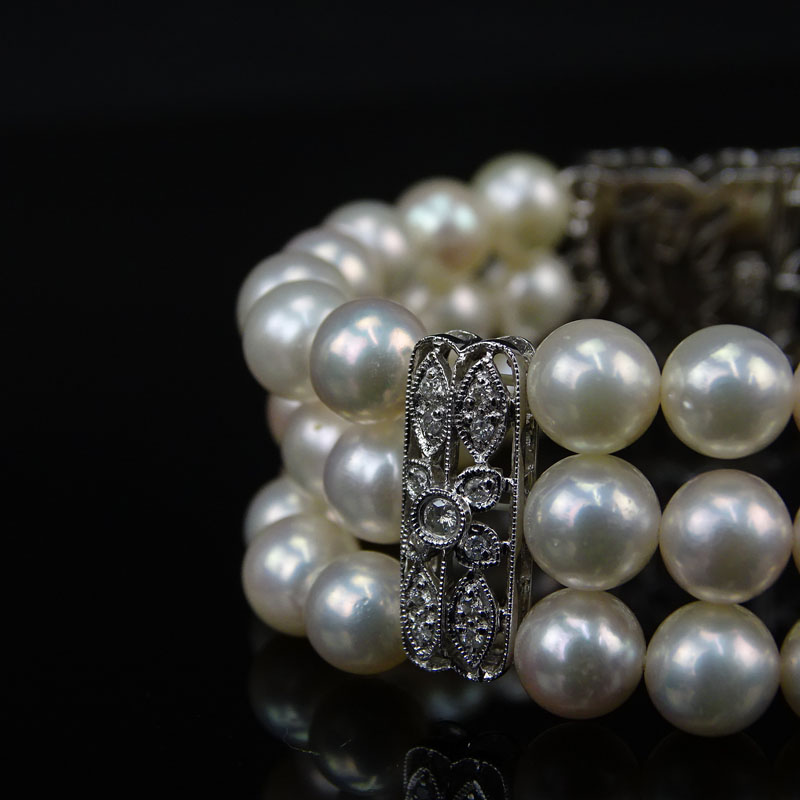 14 Karat White Gold, Diamond and Three Strand White Pearl Bracelet