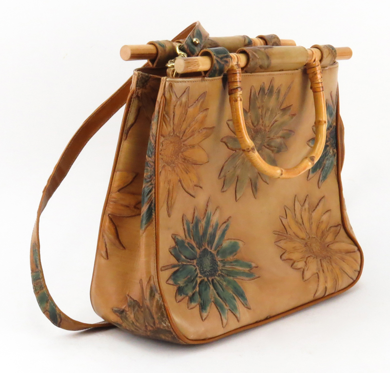 Brahmin Embossed Leather And Bamboo Flower Motif Handbag