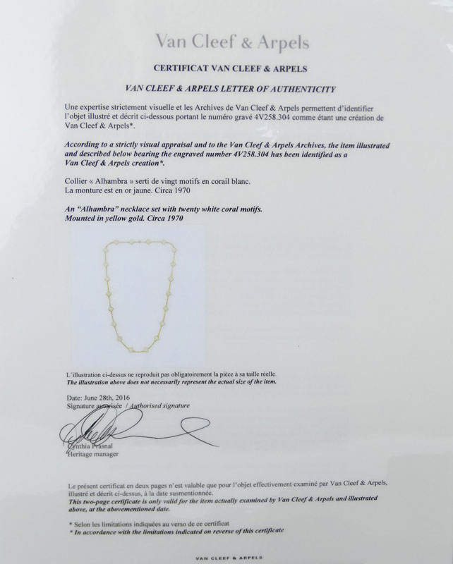 Van Cleef & Arpels Rare and Discontinued Circa 1970 18 Karat Yellow Gold and  White Coral "Alhambra" Necklace